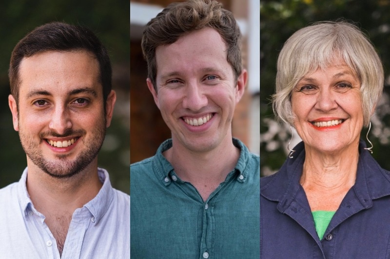 Composite of Greens candidates Stephen Bates in Brisbane, Max Chandler-Mather in Griffith, Elizabeth Watson-Brown in Ryan