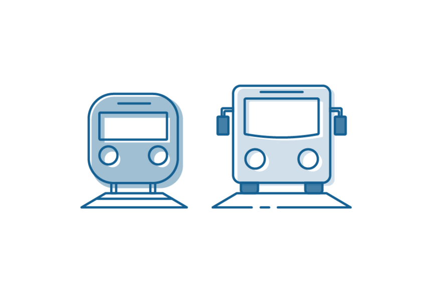 Symbolzeichnung von Zug und Bus nebeneinander von vorne.