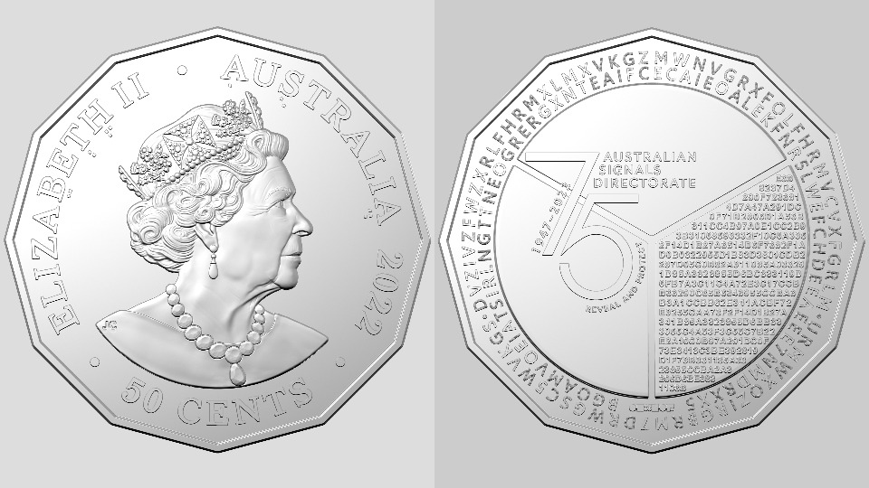 Both sides of the Australian Signals Directorate 75th anniversary 50 cent coin.