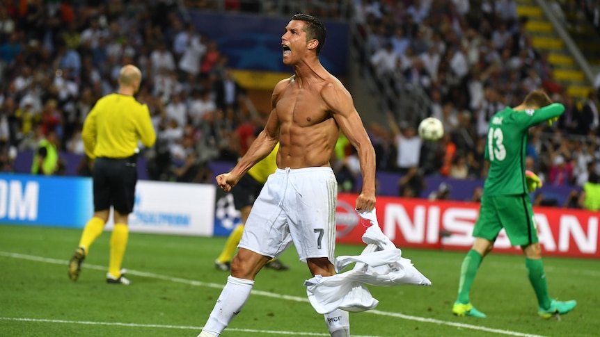 Cristiano Ronaldo whips his shirt off after winning penalty in Champions League final