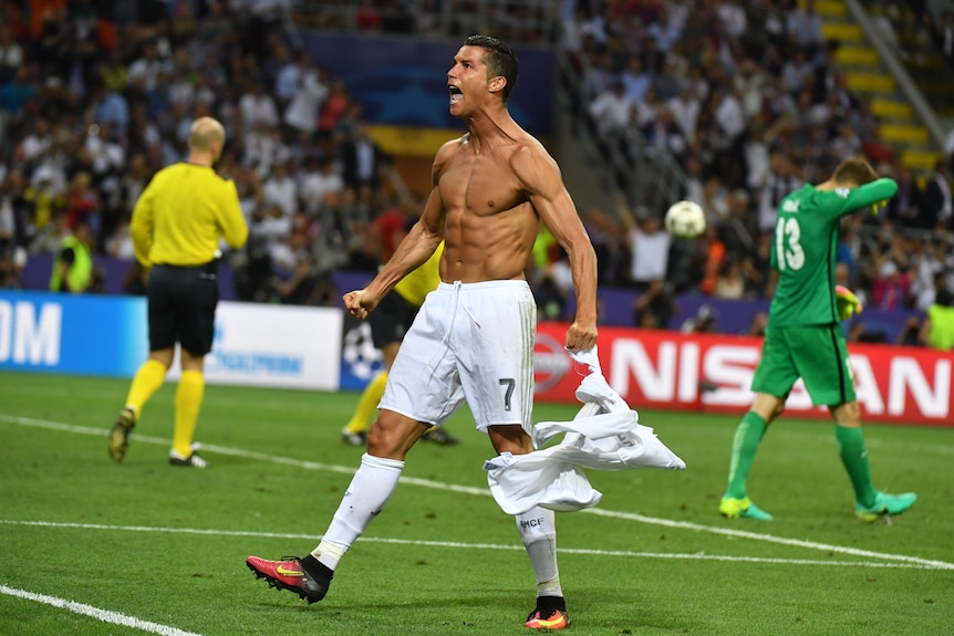 Cristiano Ronaldo whips his shirt off after winning penalty in Champions League final