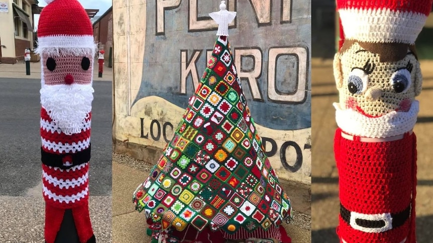 A collage of three photos including a crochet santa, a crochet christmas tree and a crochet elf on the shelf