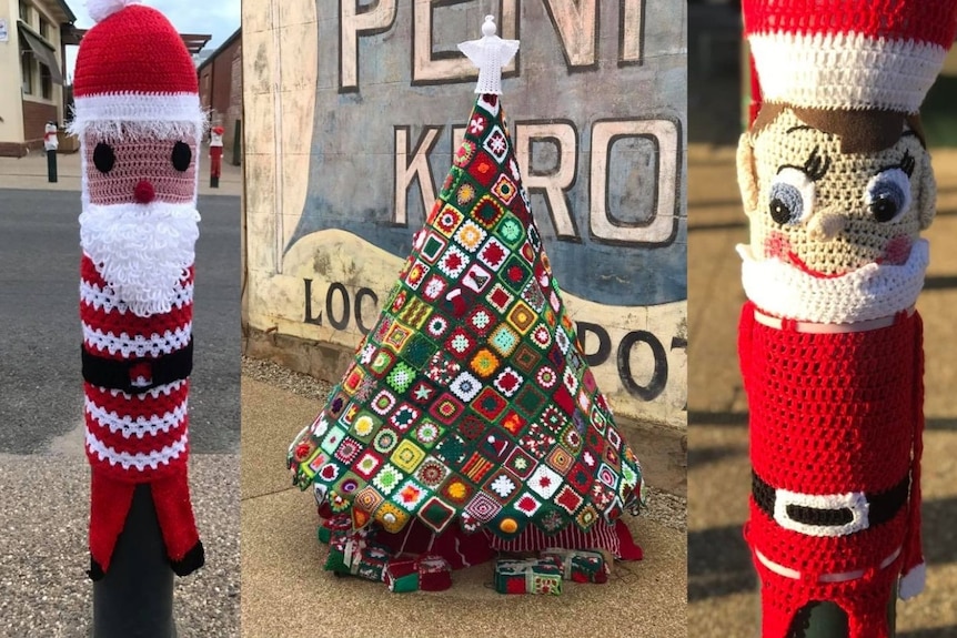 A collage of three photos including a crochet santa, a crochet christmas tree and a crochet elf on the shelf