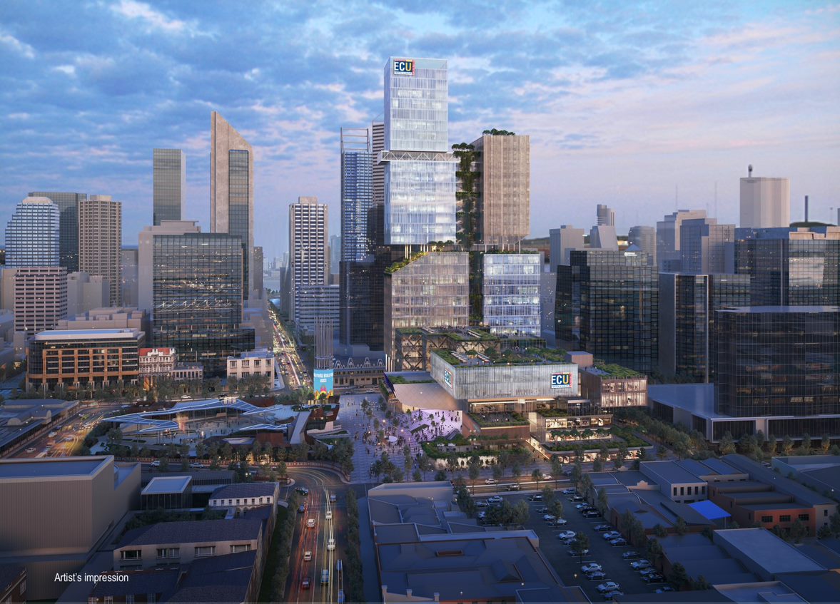 An artist's impression of a proposed building for Edith Cowan University amid the Perth CBD skyscrapers.
