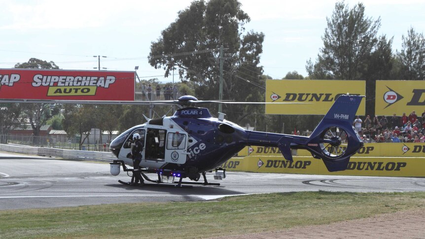 PolAir delivering the Peter Brock trophy at the 2013 Bathurst 1000 race