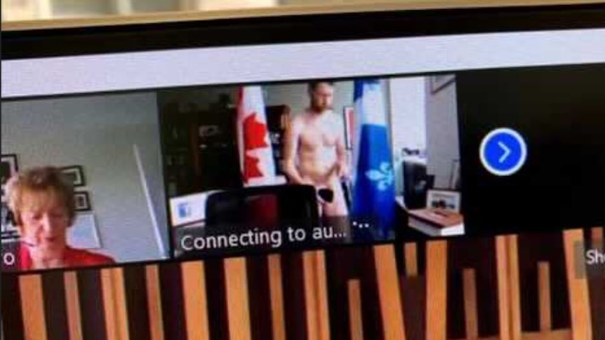 A Zoom screen showing a man nude in his office.