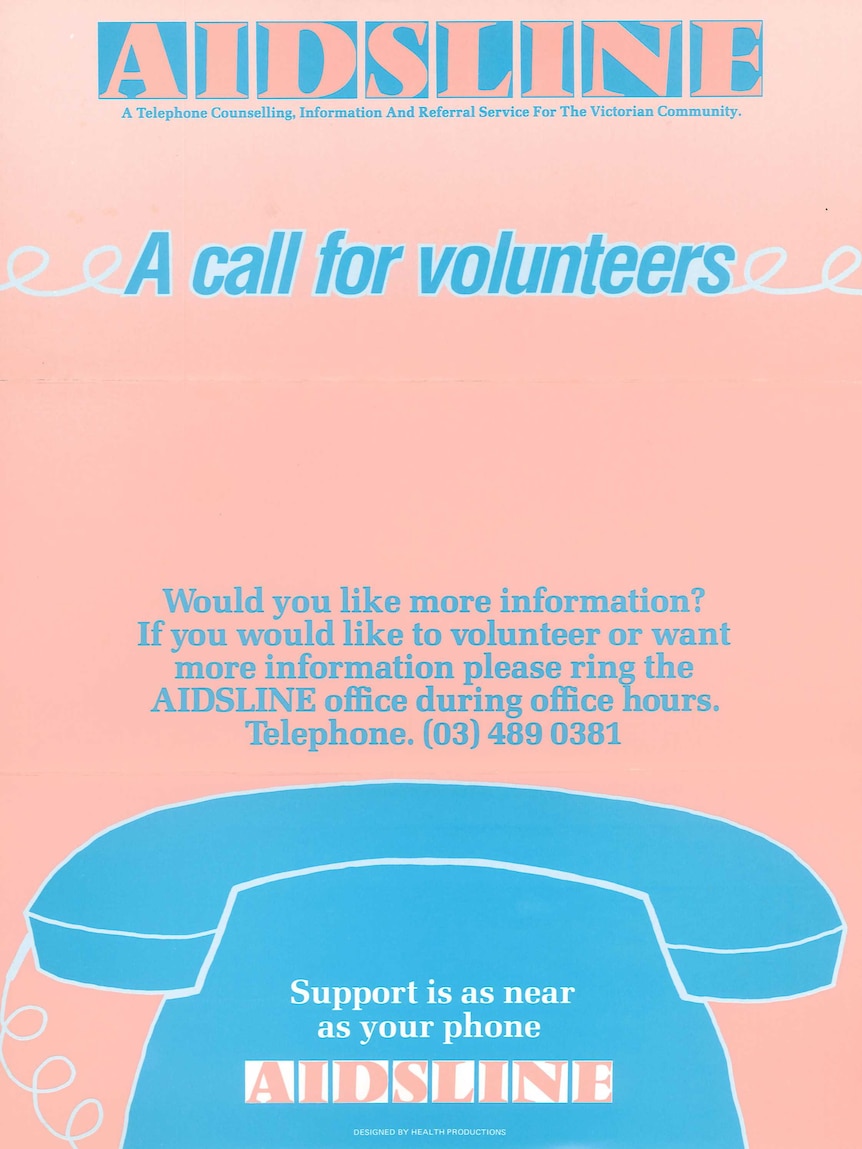 A brochure calls for volunteers for AIDSLINE, a support service.