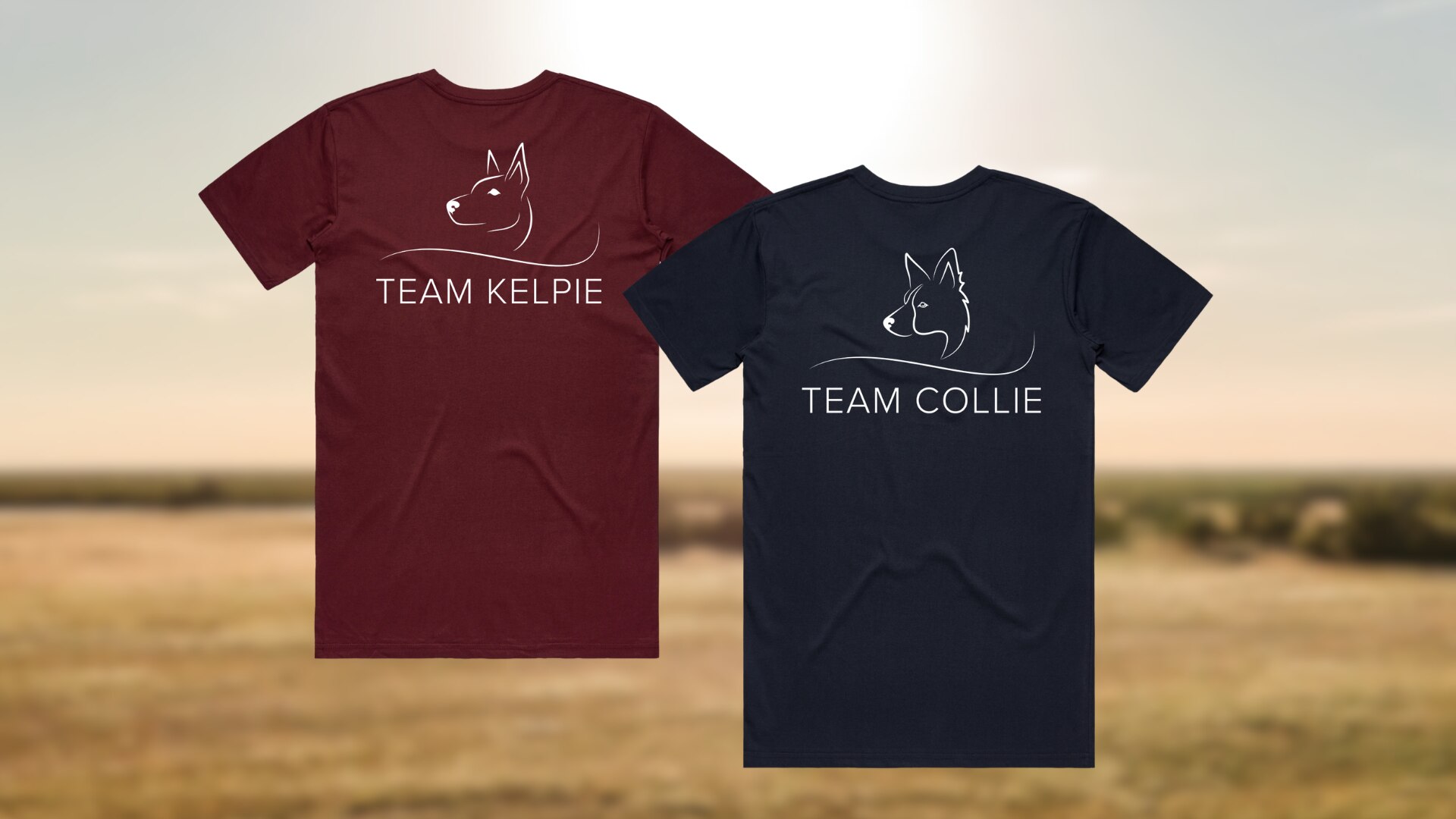 One maroon tee reading 'Team Kelpie'; and one navy blue tee reading 'Team Collie'
