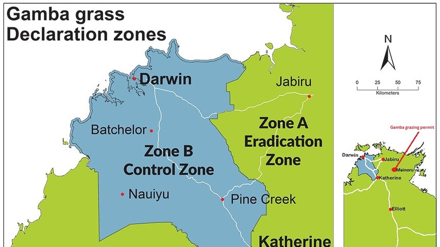 A map of the NT's gamba grass declaration zones, detailing the control zone and eradication zone.