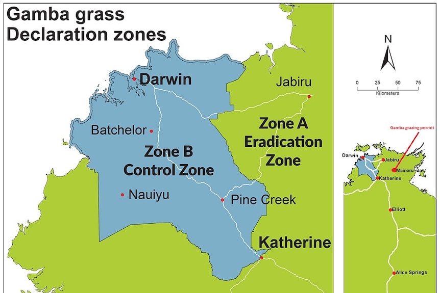 A map of the NT's gamba grass declaration zones, detailing the control zone and eradication zone.