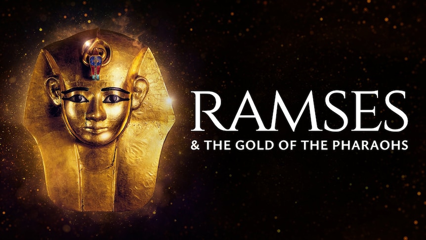 Image of gold Ramses sarcophagus mask on black background 