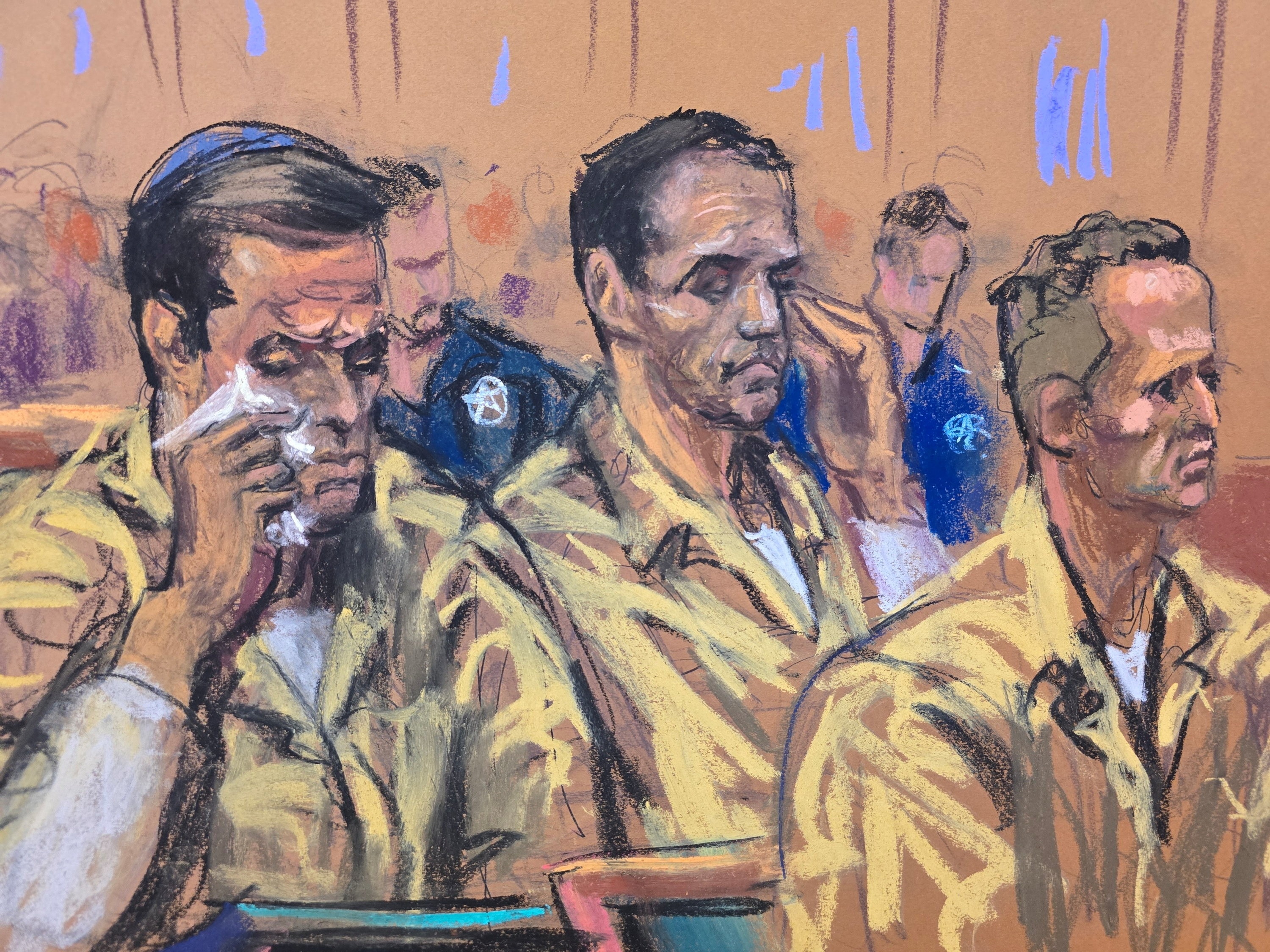 A courtroom sketch of Oren, Tal and Alon Alexander.