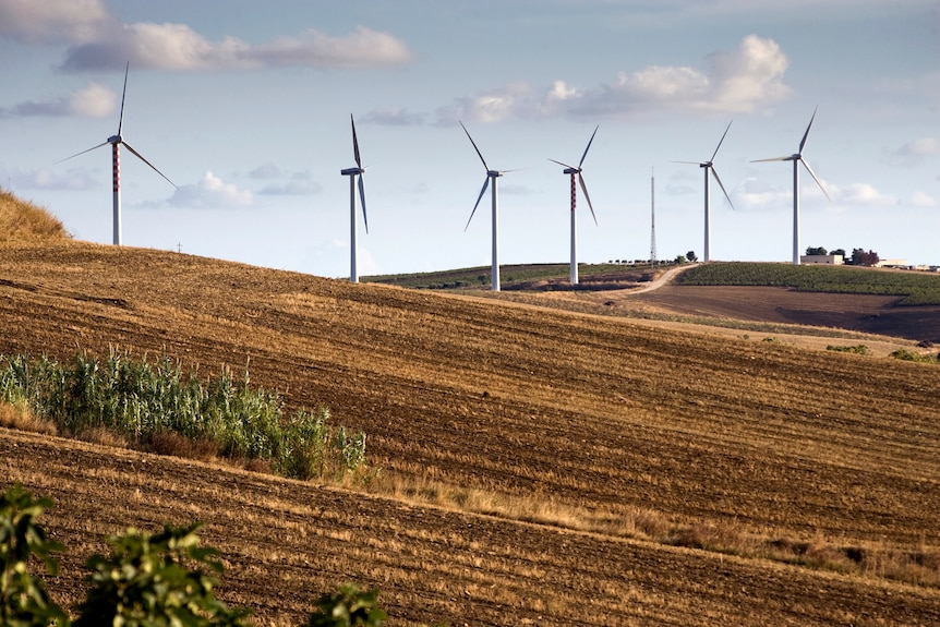 Wind turbines on a hill surrounded by fields.