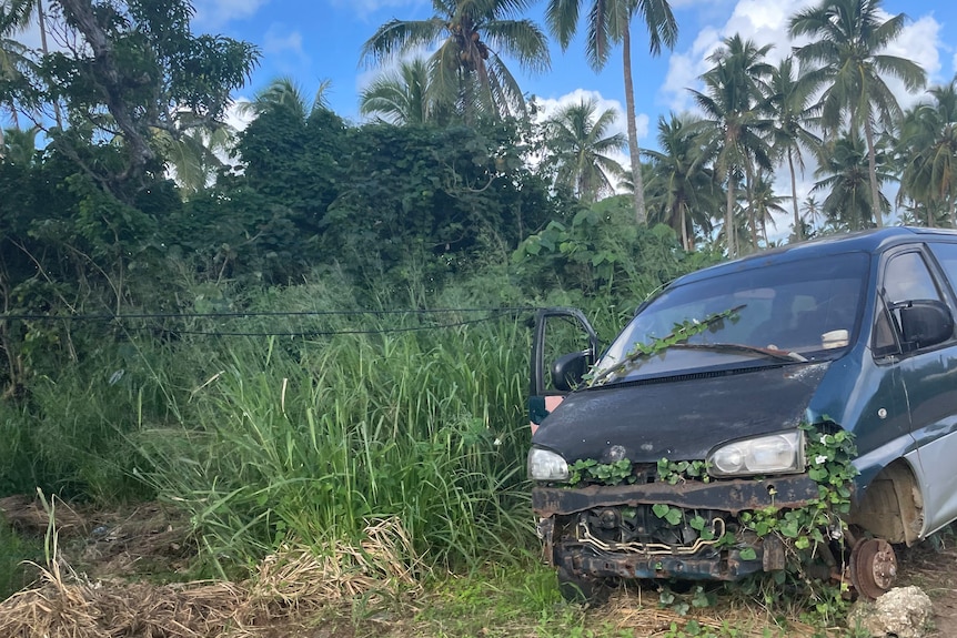 A car abandoned on the roadside in Tonga