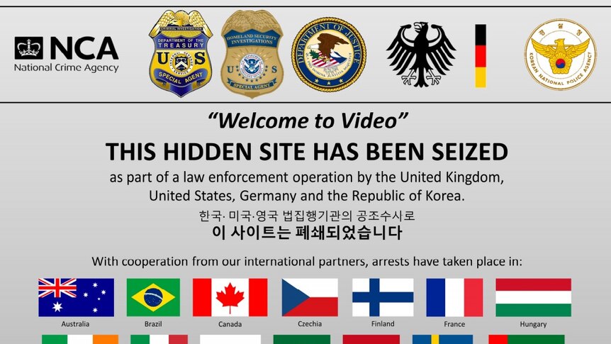 A warning comes up on the Welcome to Video site, telling users it has been seized by authorities.