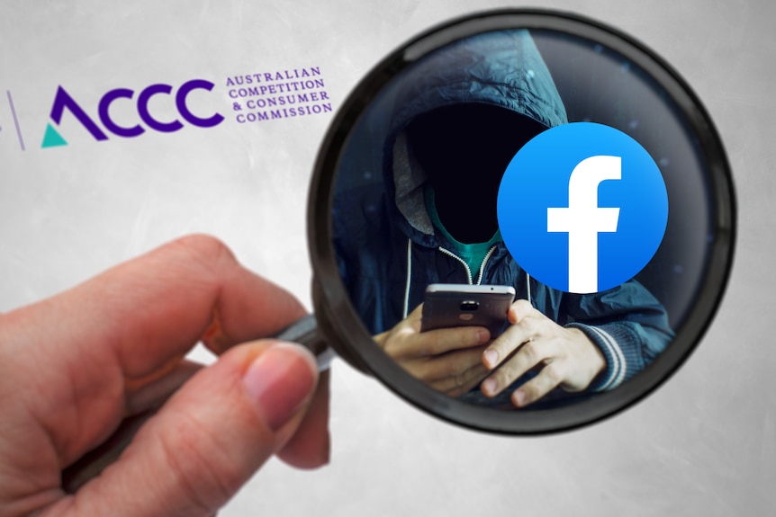放大镜在 facebook 图标上的插图，背景中有 ACCC 图标。 