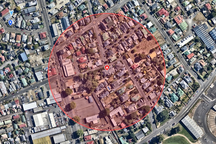 A map of a 150-metre evacuation zone over a suburb.