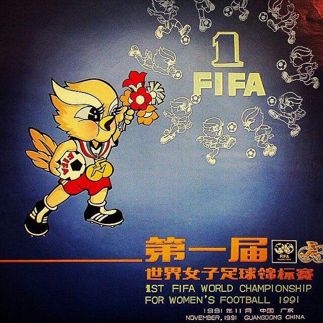 A poster showing a phoenix cartoon mascot, with FIFA and Chinese writing. 