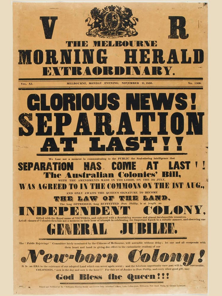 A newspaper poster reading, in part: 'Glorious news! Separation at last!'