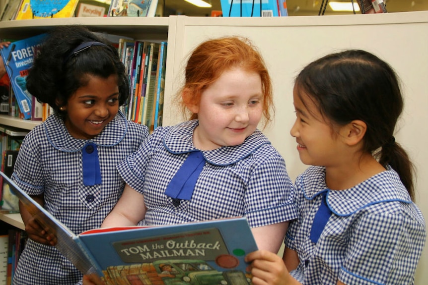Three young girls sitting next to each other in a library reading a book.