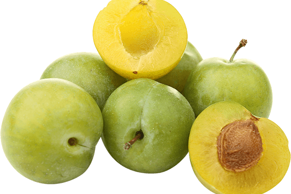 A pile of six plums, one has been cut in half to reveal yellow inside. The skin in green