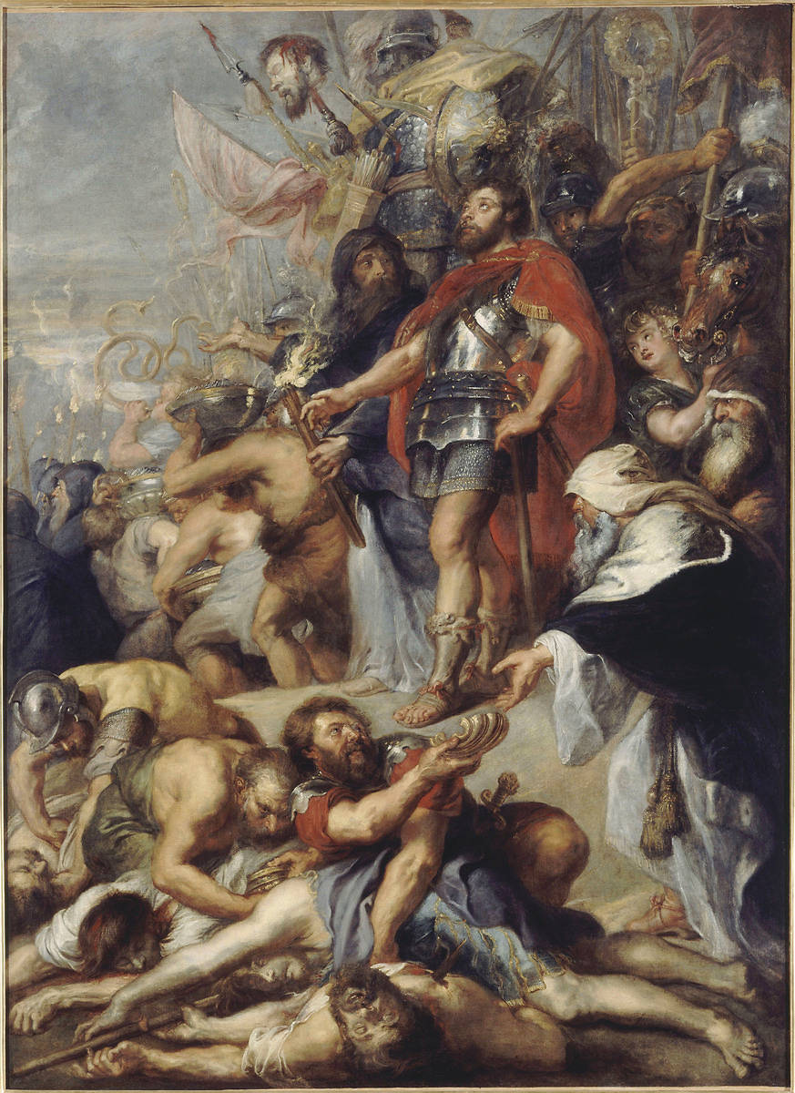 An oil painting depicting a grand battle scene, with man in armour and a red cate in the centre.