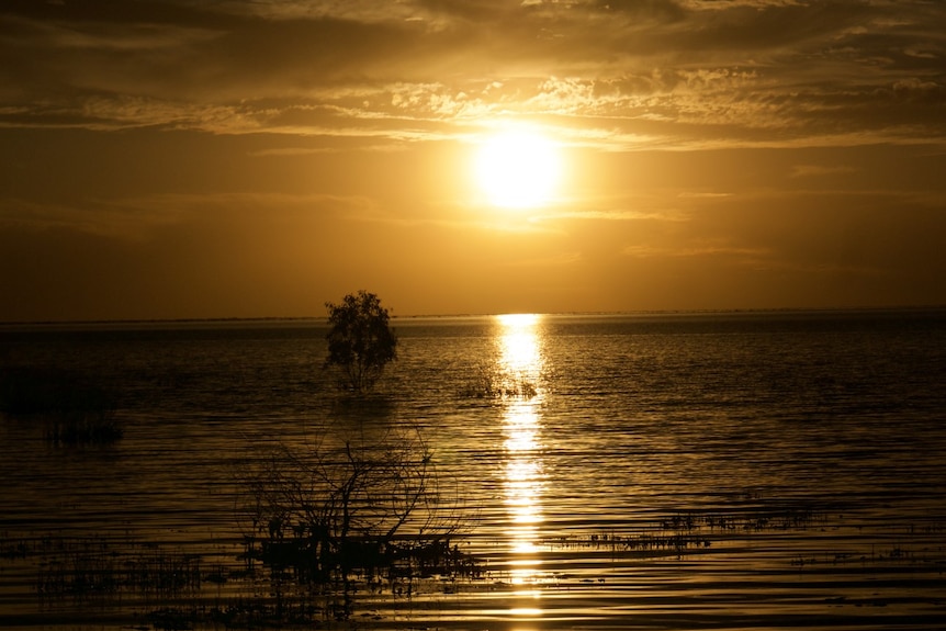 The sun setting over Lake Menindee in January 2022. 