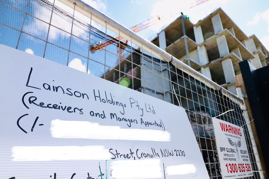 A sign announces the appointment of receivers to this development site in Cronulla, March 20, 2019.
