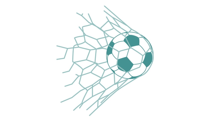 A green cartoon image of a soccer ball in a net