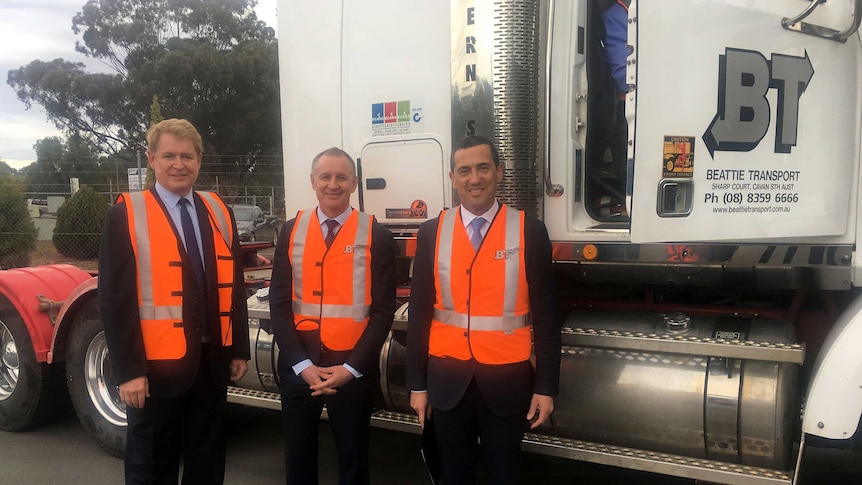 Phillip Mills, SA Premier Jay Weatherill and Treasurer Tom Koutsantonis.