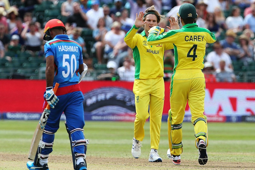 Alex Zampa hi-fives his teammate after dismissing Hashmatullah Shahid, who trudges off back to the pavillion.