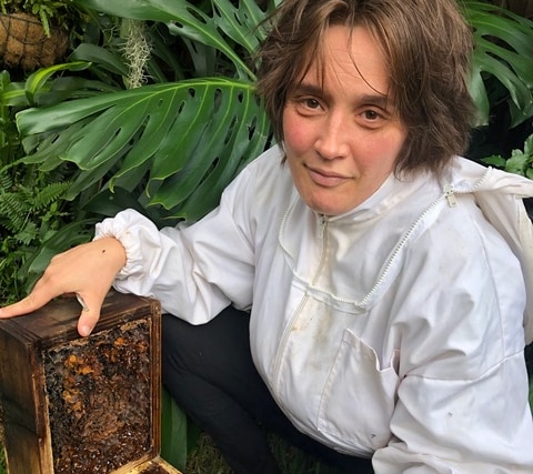 A smiling woman, short brown hair, is holding open a bee hive squatting in a tropical garden.