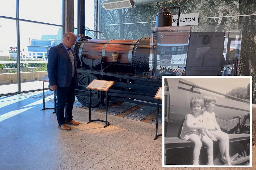 Busselton mayor Grant Henley in front of the Ballaarat in 2020 and (inset) sitting with his sister as a child on the locomotive.