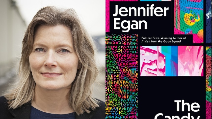 On left, author headshot of Jennifer Egan, and book cover of The Candy House on right.