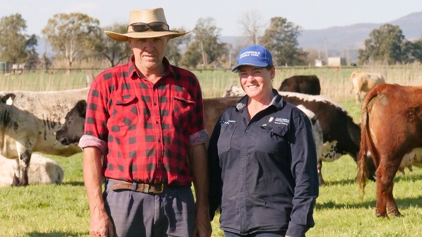 Robert and Narelle Worth stand in a paddock in front of their cows.