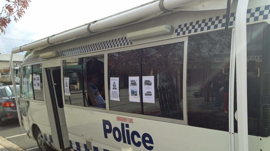 Tasmanian Police bus parked in Latrobe where a 12 year old girl was abducted, May 2014.
