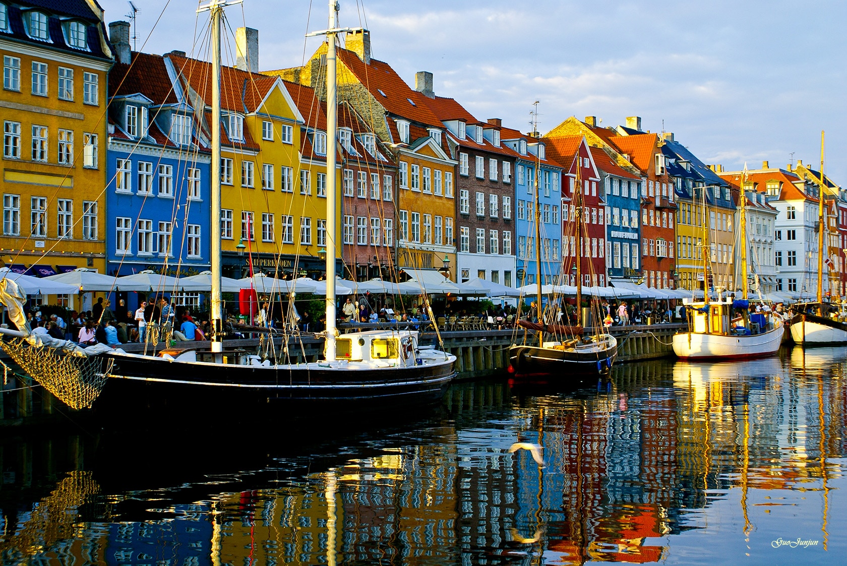 Bright-coloured buildings on a canal in Denmark.