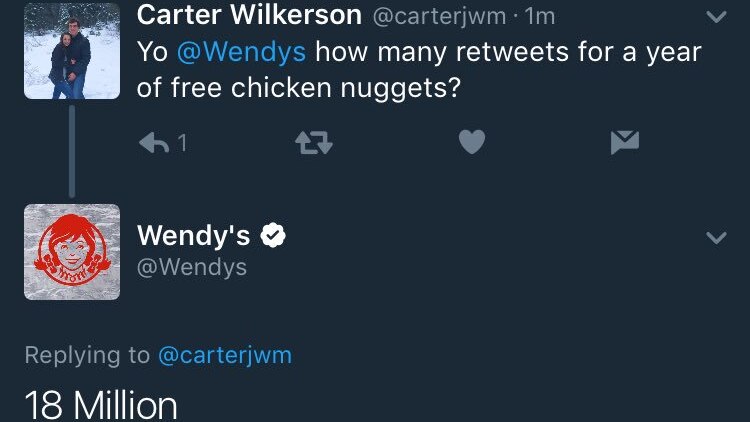 A screenshot from a mobile phone shows a question and answer thread between a chicken nugget enthusiast and a fast food outlet.