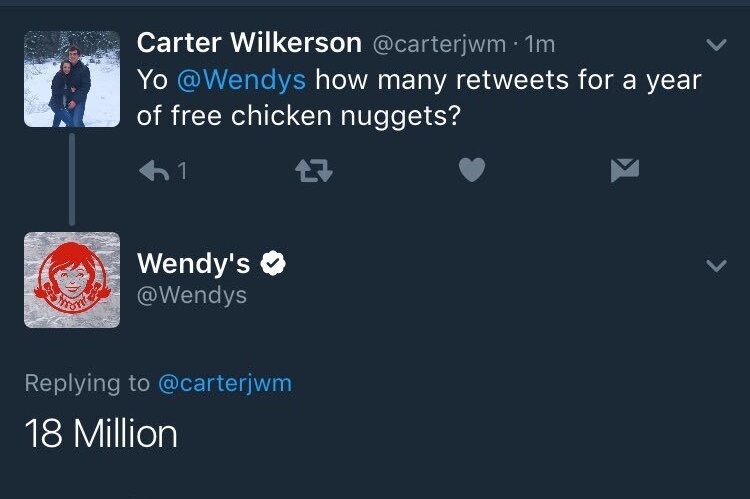 A screenshot from a mobile phone shows a question and answer thread between a chicken nugget enthusiast and a fast food outlet.