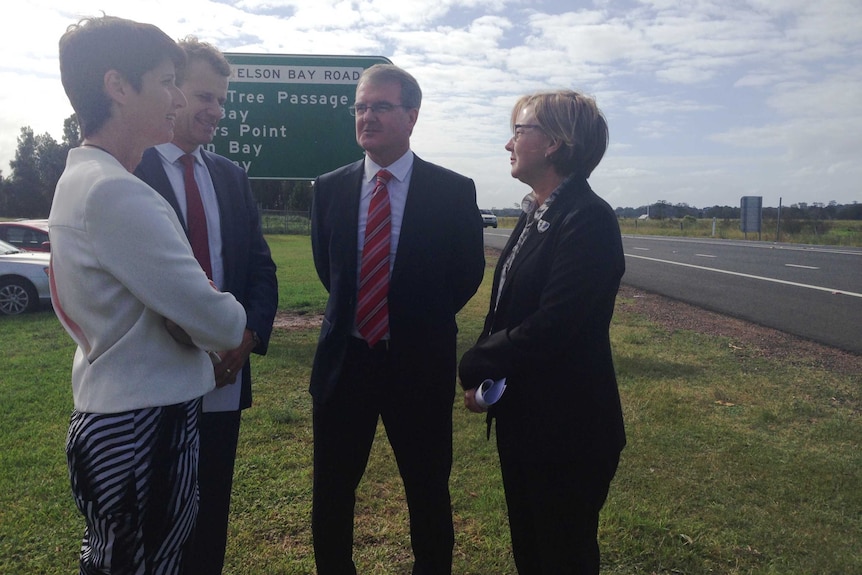 ALP Roads spokesman Michael Daley (centre) with Hunter Labor candidates