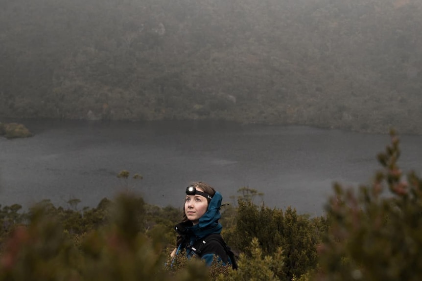 A woman wearing a blue jacket and head torch walking through wilderness in front of cradle mountain