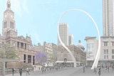 An illustration shows an artist's impression of Cloud Arch, a public artwork that consists of a curved, white archway.