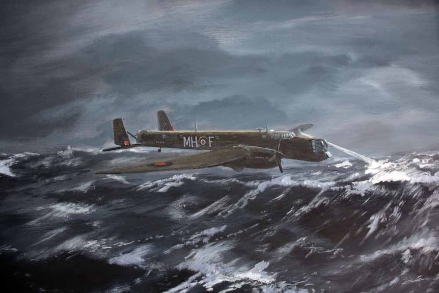 A painting of a stormy sea and a WWII Whitley bomber