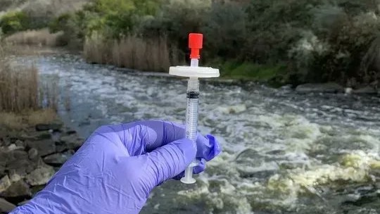 A gloved hand holding a small syringe