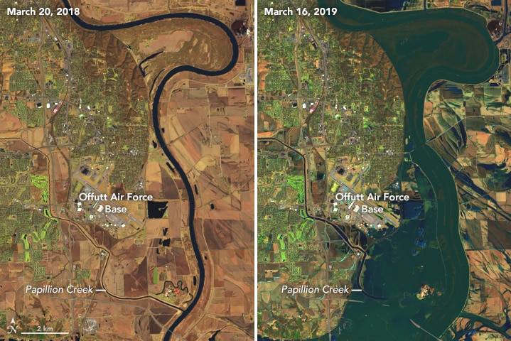 Composite satellite images show a before and after aerial photo of the Offut Air Force base being inundated with flood waters.