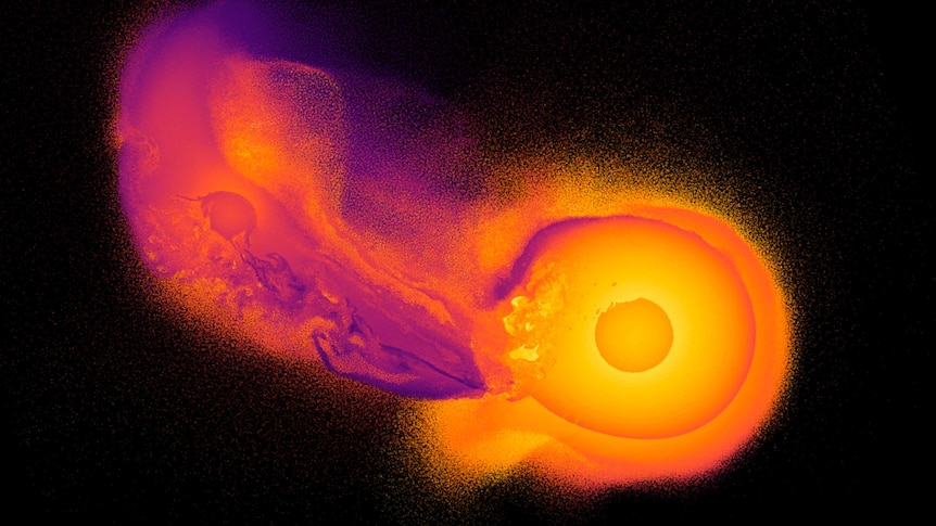 A computer simulation, akin to a heat map, shows an object crashing into the planet, Uranus.