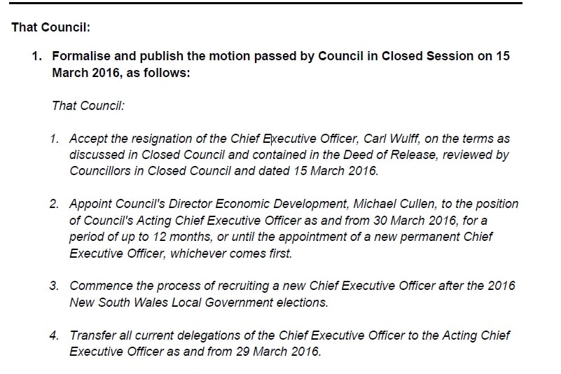Minutes showing the council "accept[ed] the resignation of the Chief Executive Officer, Carl Wulff".