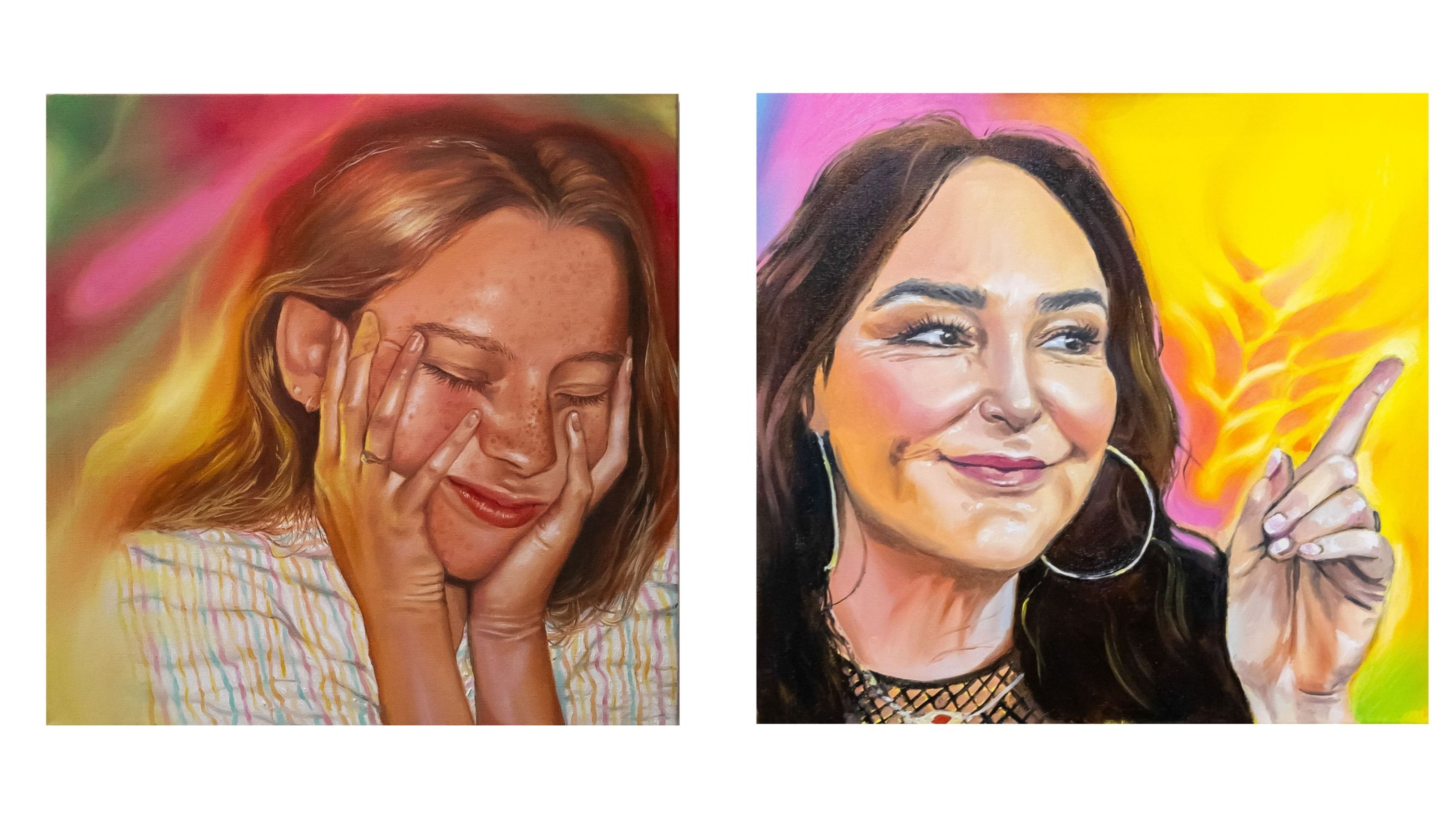 Side by side paintings in bright colours, one of a young woman with hands squished on her face, the other of Kate Langbroek