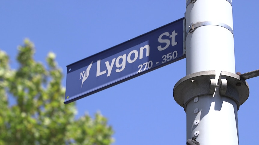 A blue street sign with text 'Lygon St' captured against blue sky with tree behind in bottom left