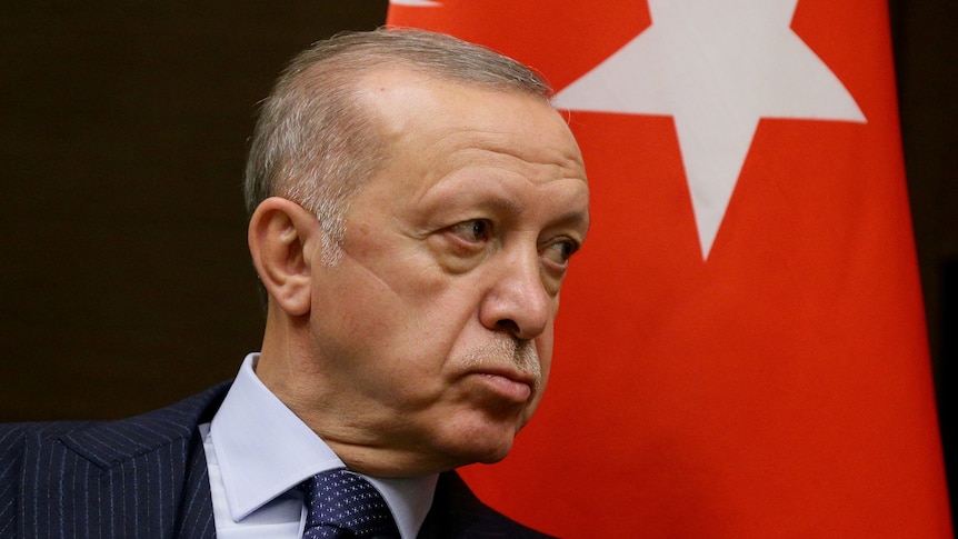 Turkish President Erdogan scowls near a Turkish flag.